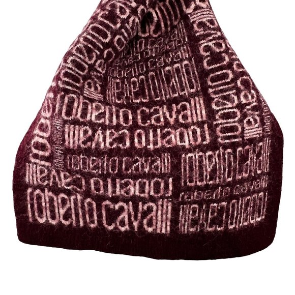 Roberto Cavalli Wool Blend Scarf Signature Logo Burgundy Beige Italy 45 inch - Picture 3 of 6